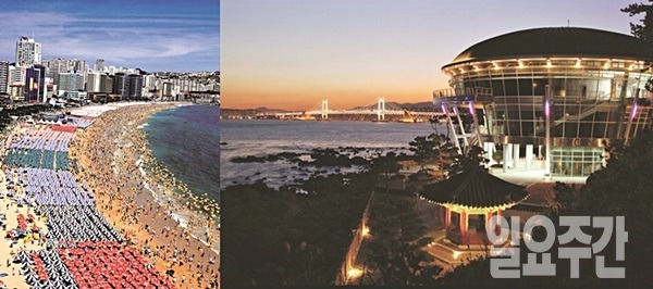 (왼)해운대 해수욕장, (오) 동백섬의 누리마루.